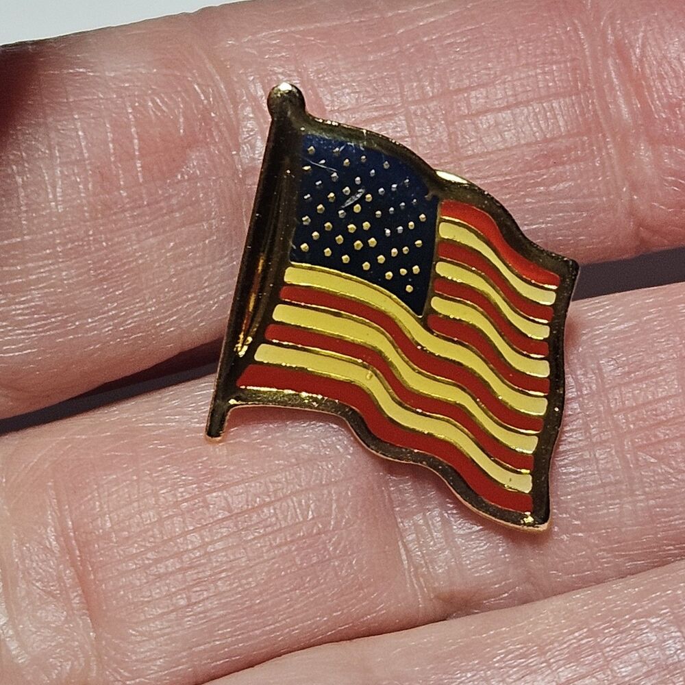 Vintage Gold Tone Red Blue Enamel Waving Flag Tack Pin Hat Lapel